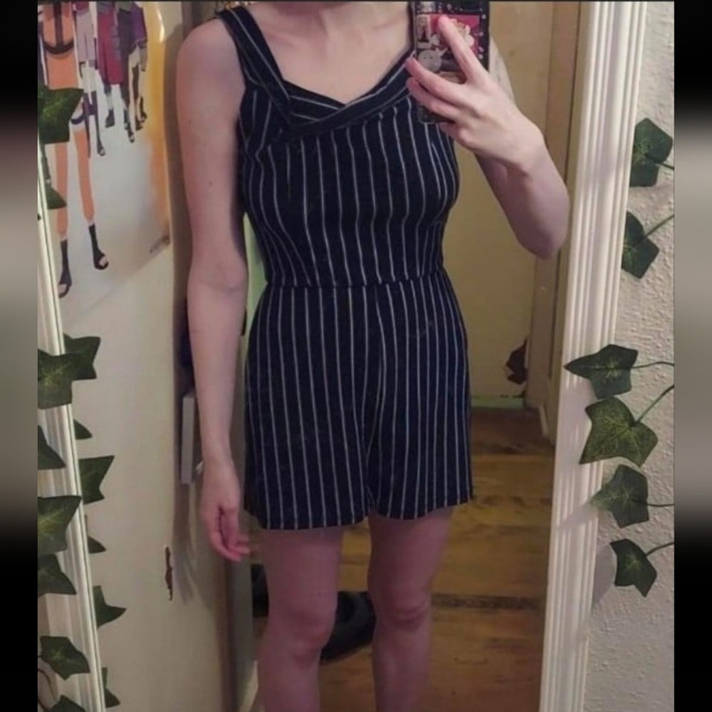 black with white pinstripe sleeveless romper